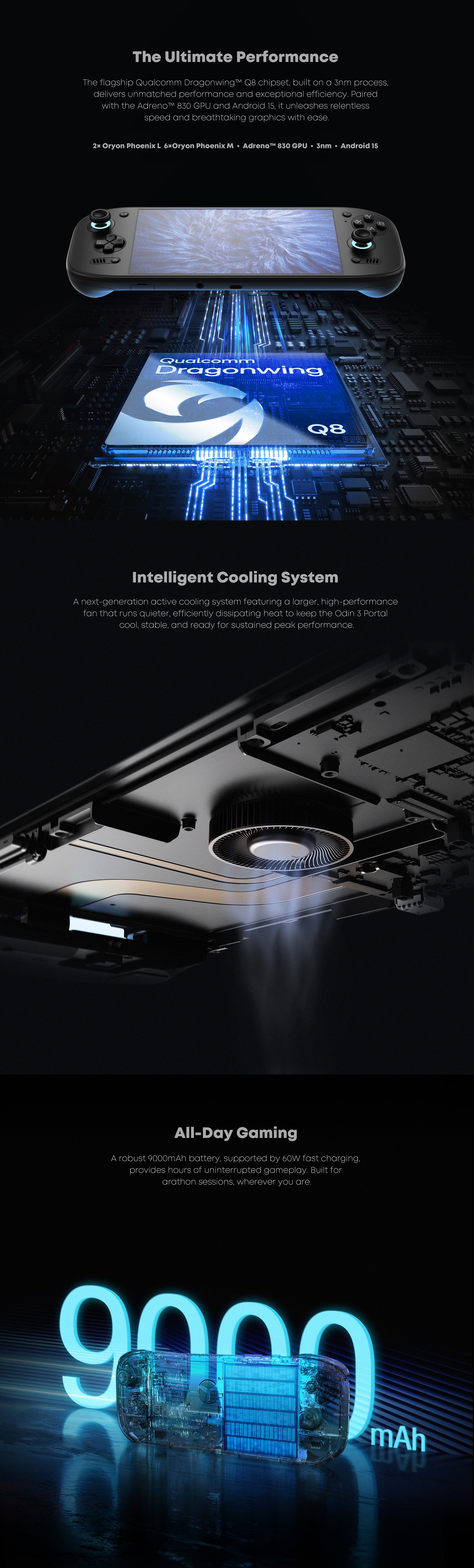 AYN's own renders highlight the Dragonwing Q8 chip, active cooling and 9,000mAh battery inside the Odin 3 Portal. Image: AYN.